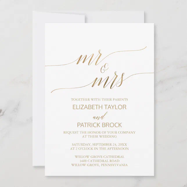 Elegant Gold Calligraphy Mr & Mrs Wedding Invitation | Zazzle