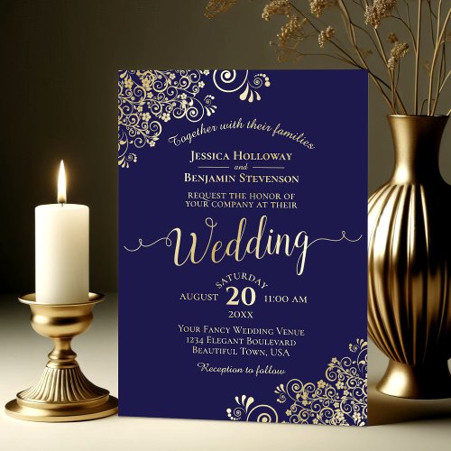 Elegant Gold Calligraphy Navy Blue Frilly Wedding Foil Invitation