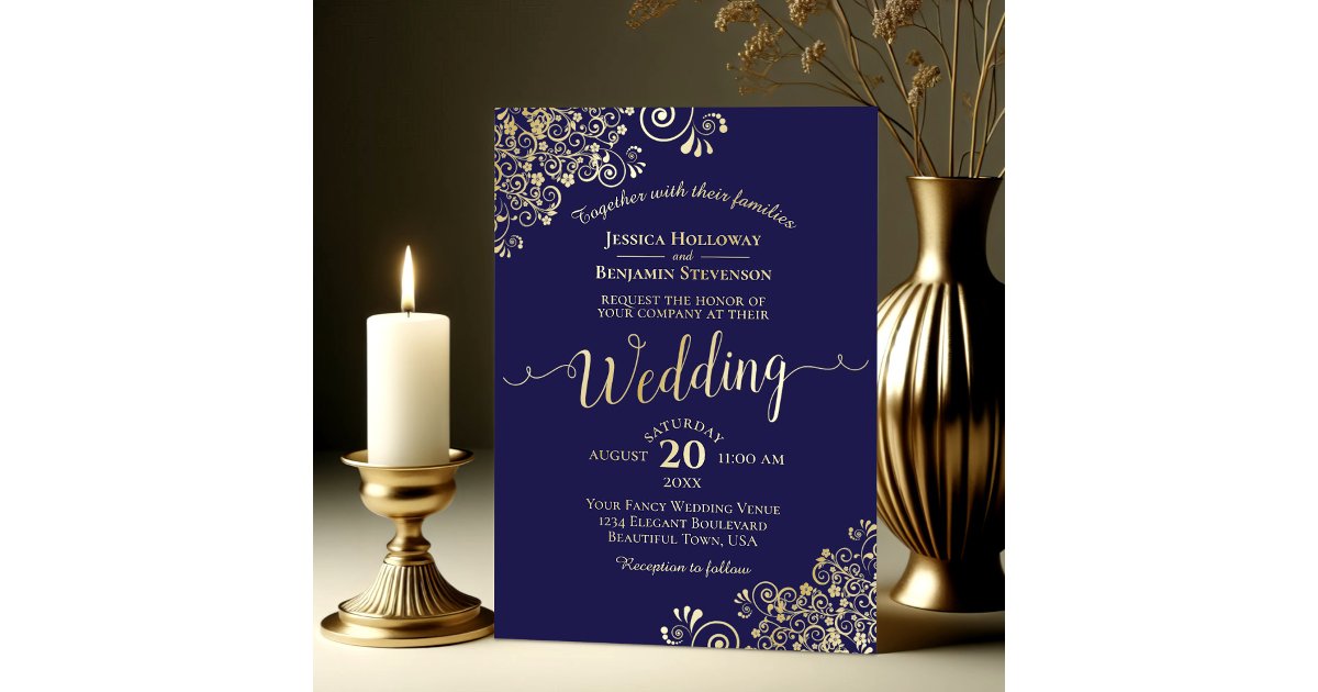 Elegant Gold Calligraphy Navy Blue Frilly Wedding Foil Invitation | Zazzle