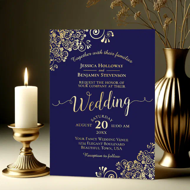 Elegant Gold Calligraphy Navy Blue Frilly Wedding Foil Invitation | Zazzle