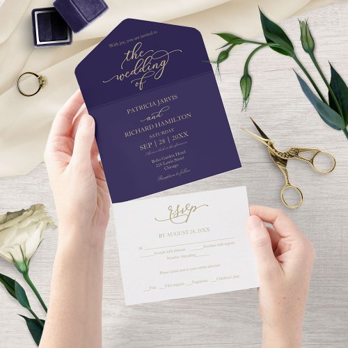 Elegant Gold Calligraphy Navy Blue Wedding  All In One Invitation
