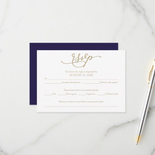 Elegant Gold Calligraphy Navy Blue Wedding RSVP
