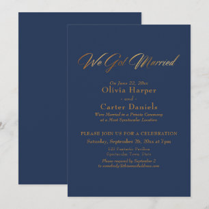 Elegant Gold Calligraphy on Navy We Got Married Invitation