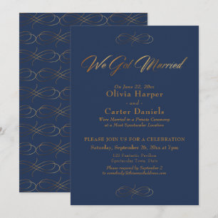 Elegant Gold Calligraphy on Navy We Got Married Invitation