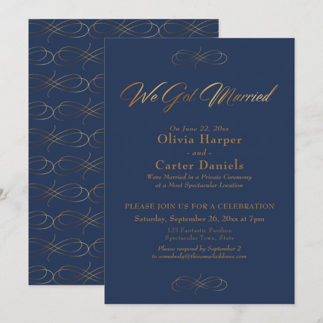 Elegant Gold Calligraphy on Navy We Got Married Invitation (Front/Back)
