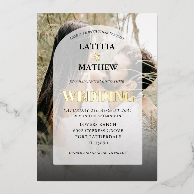 Elegant Gold Calligraphy Photo Arch Wedding Foil Invitation (Front)