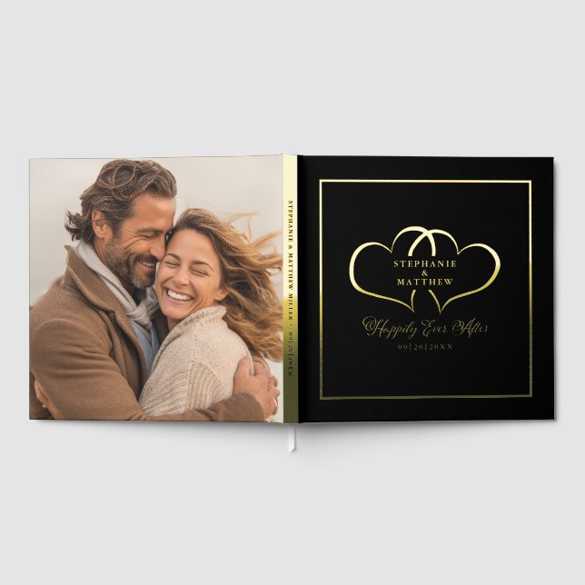 Elegant Gold Calligraphy Photo Chic Hearts Black  Foil Guest Book (Full)