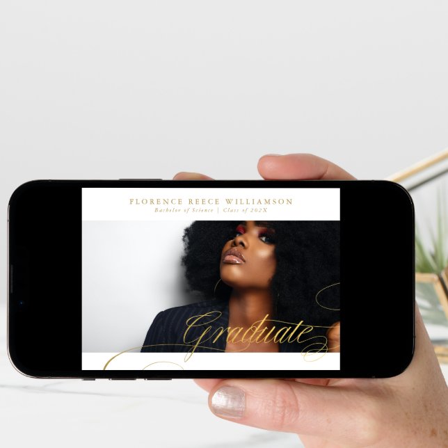 Elegant Gold Calligraphy Photo College Graduation Announcement (Front Digital)
