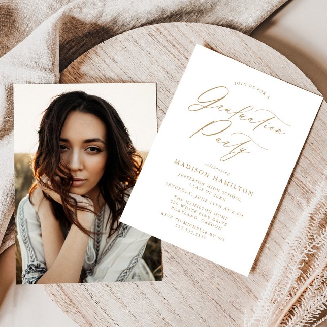 Elegant Gold Calligraphy Photo Graduation Party Invitation (Creator Uploaded)