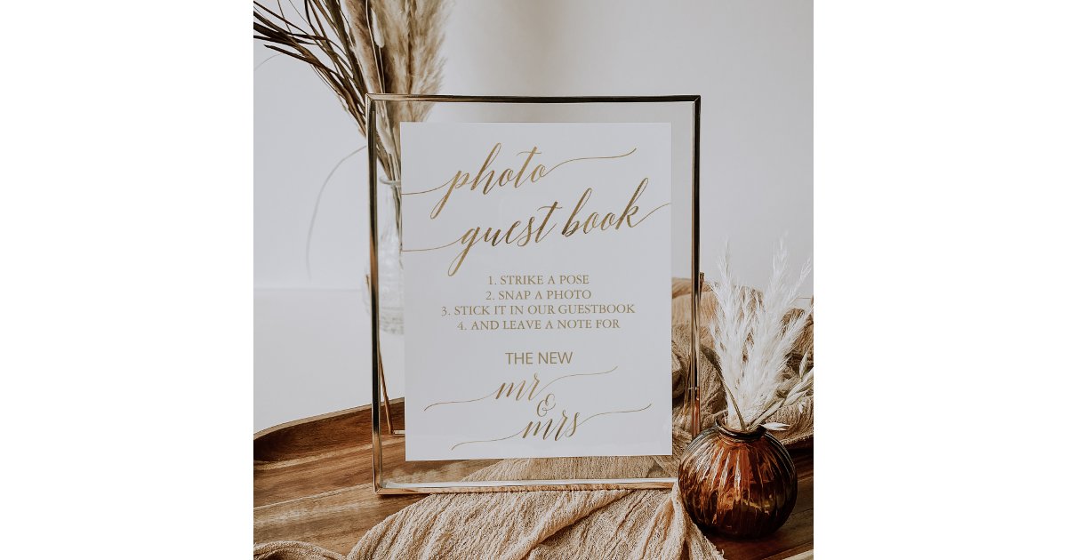 Elegant Gold Calligraphy Photo Guest Book | Zazzle