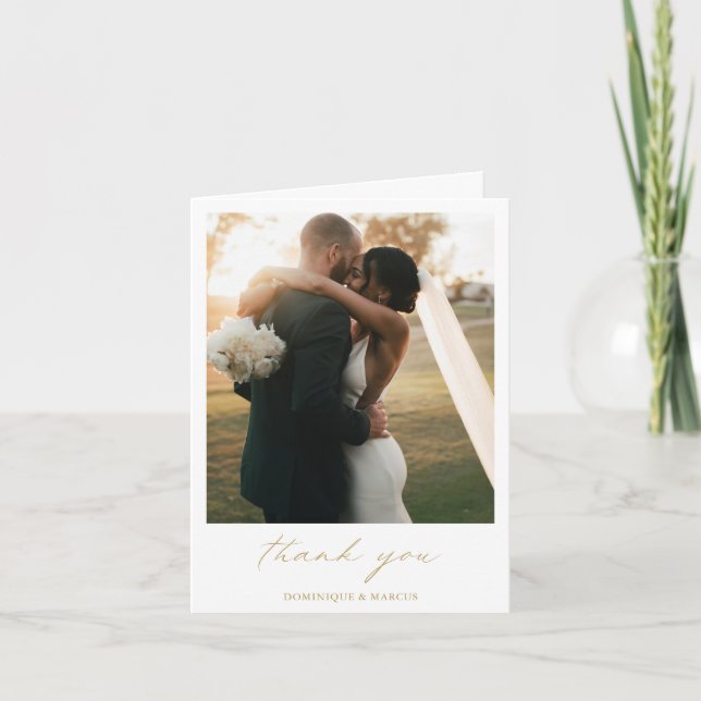 Elegant Gold Calligraphy Photo Modern Wedding Thank You Card (Front)