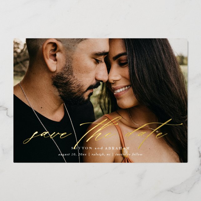 Elegant Gold Calligraphy Photo Save the Date Foil Invitation (Front)