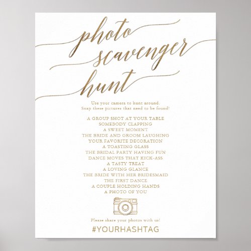 Elegant Gold Calligraphy Photo Scavenger Hunt Sign