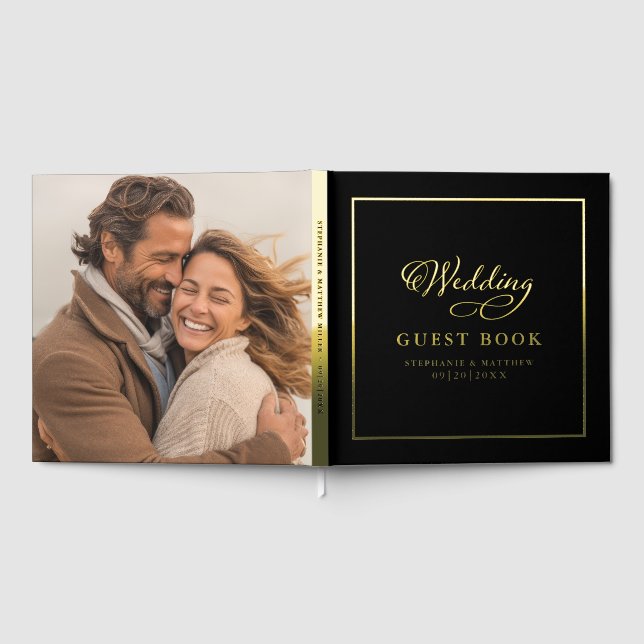 Elegant Gold Calligraphy Photo Wedding Chic Black  Foil Guest Book (Full)