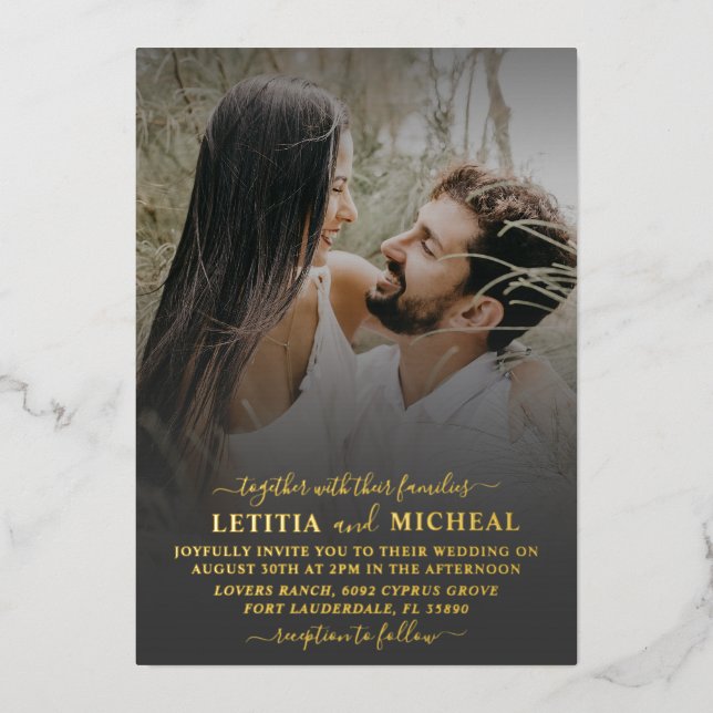 Elegant Gold Calligraphy Photo Wedding  Foil Invitation (Front)