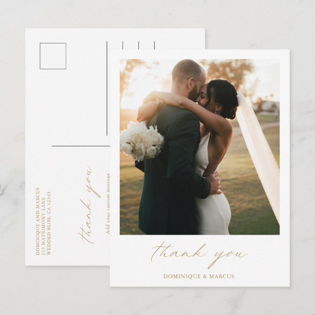 Elegant Gold Calligraphy Photo Wedding Thank You Postcard (Front/Back)