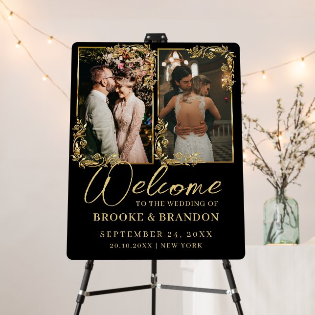 Elegant Gold Calligraphy Photo Wedding Welcome  Foam Board (In Situ (Stand))