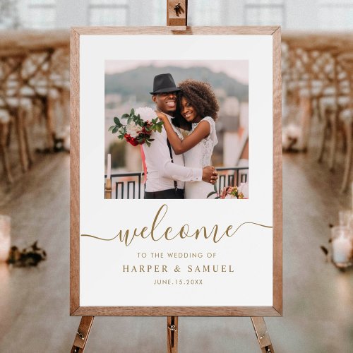 Elegant Gold Calligraphy Photo Wedding Welcome Poster