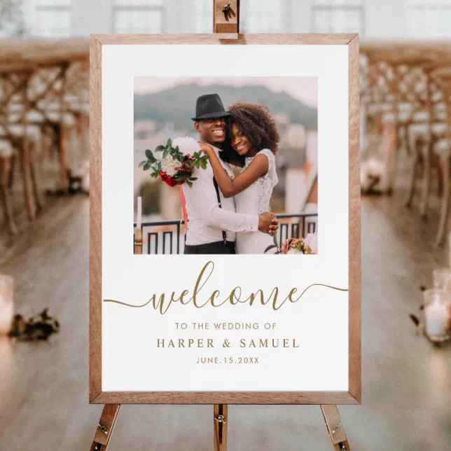 Elegant Gold Calligraphy Photo Wedding Welcome Poster | Zazzle