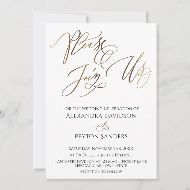 Elegant Gold Calligraphy "Please Join Us" Wedding Invitation (Front)