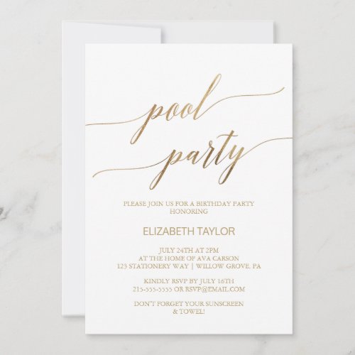 Elegant Gold Calligraphy Pool Party Birthday Invitation