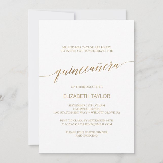 Elegant Gold Calligraphy Quinceañera Invitation (Front)