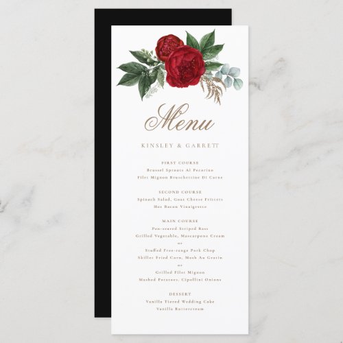 Elegant Gold Calligraphy Red Floral Black  White Menu