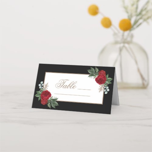 Elegant Gold Calligraphy Red Floral Place Card
