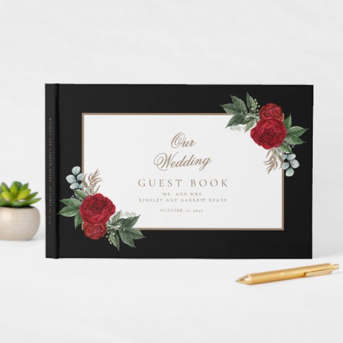 Elegant Gold Calligraphy Red Floral Wedding Guest Book