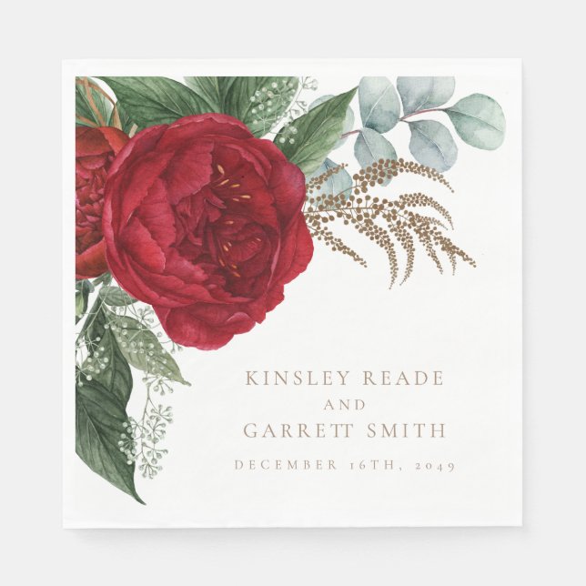 Elegant Gold Calligraphy Red Floral Wedding Napkins (Front)