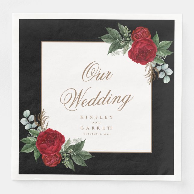 Elegant Gold Calligraphy Red Floral Wedding Paper Dinner Napkins (Front)