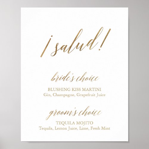 Elegant Gold Calligraphy Salud Drinks Sign