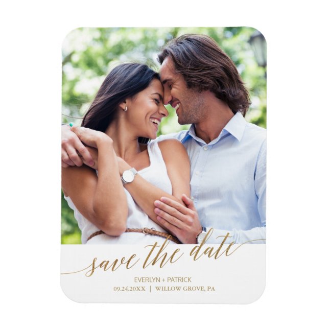 Elegant Gold Calligraphy Save the Date Photo Magnet (Vertical)
