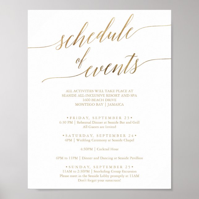 Elegant Gold Calligraphy Schedule of Events Poster (Front)