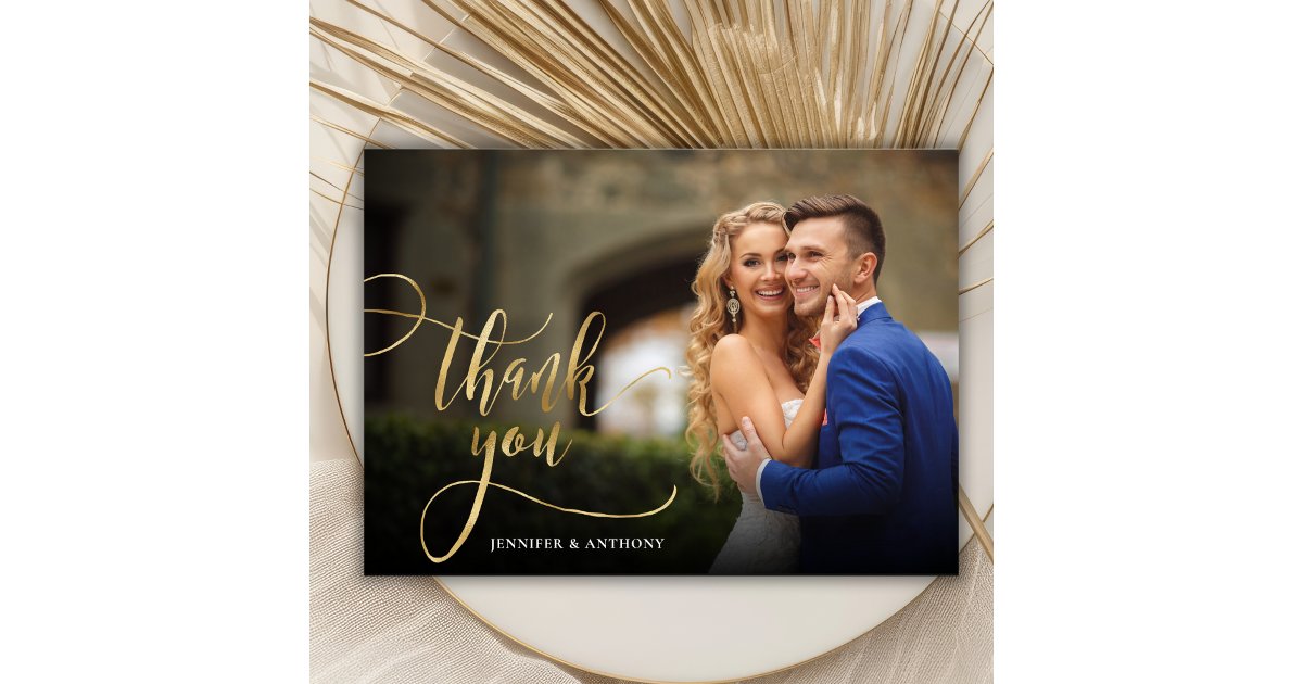 Elegant Gold Calligraphy Script 2 Photo Wedding Thank You Card | Zazzle