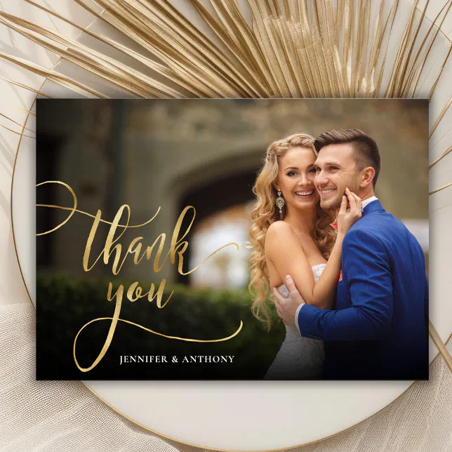 Elegant Gold Calligraphy Script 2 Photo Wedding Thank You Card | Zazzle