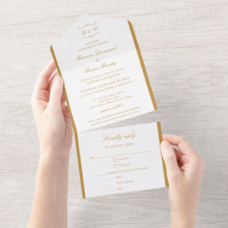 Elegant Gold Calligraphy Script Monogram Wedding All In One Invitation