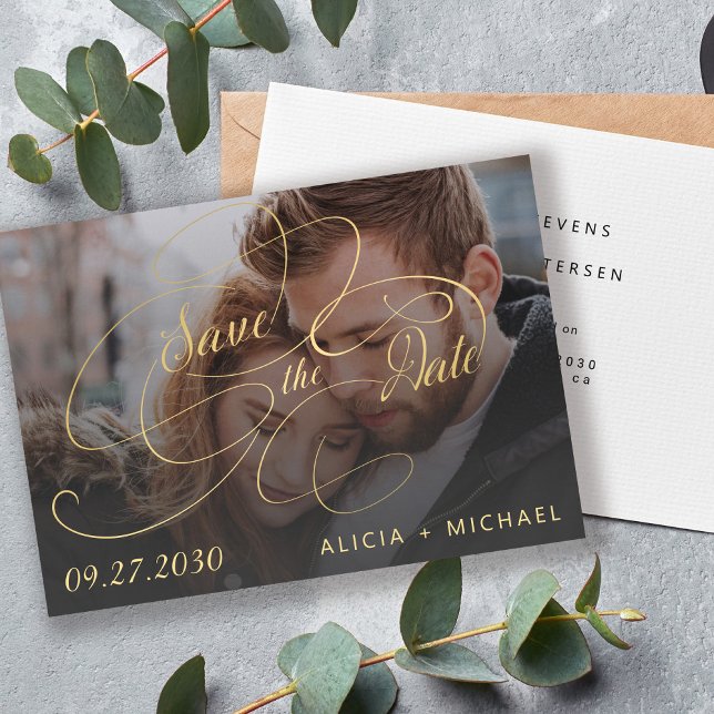 Elegant gold calligraphy script photo wedding save the date (Creator Uploaded)