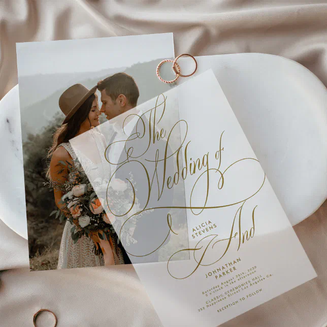 Elegant gold calligraphy script wedding overlay vellum invitations | Zazzle