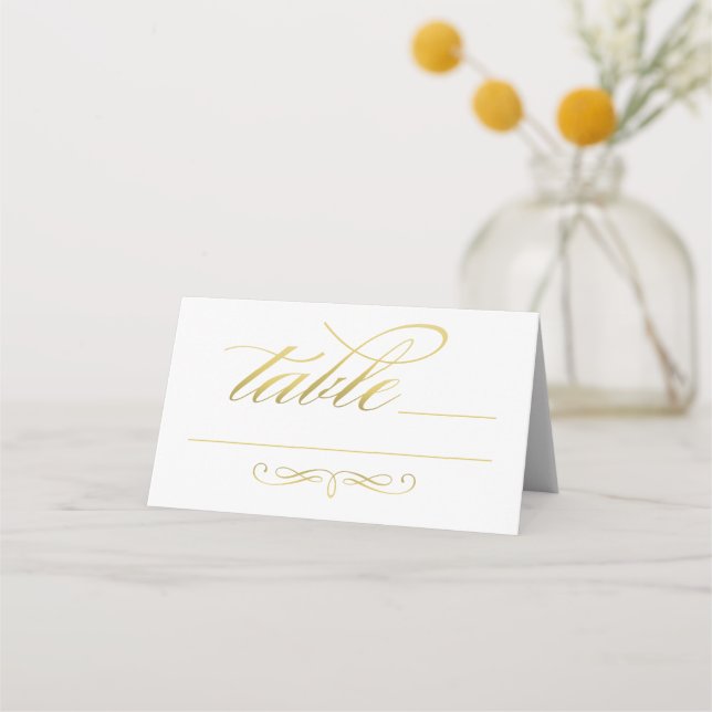 Elegant Gold Calligraphy Script White Wedding Place Card (Front)