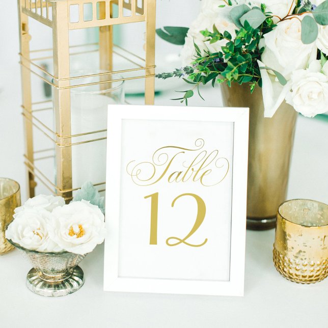Elegant Gold Calligraphy Script White Wedding Table Number (Creator Uploaded)