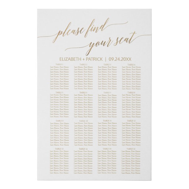 Elegant Gold Calligraphy Seating Chart Faux Canvas Print (Front)