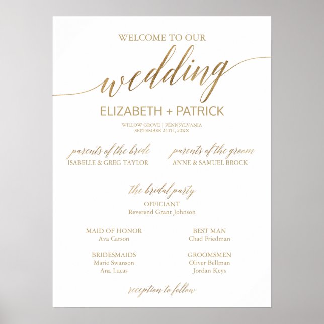 Elegant Gold Calligraphy Small Wedding Program Poster (Front)