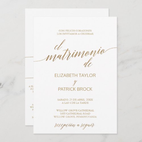 Elegant Gold Calligraphy  Spanish Details Wedding Invitation