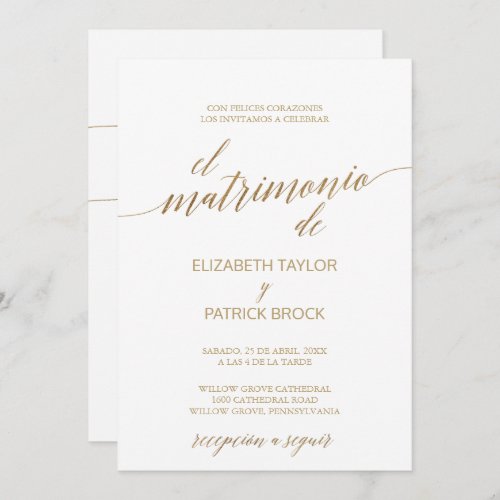 Elegant Gold Calligraphy  Spanish Details Wedding Invitation