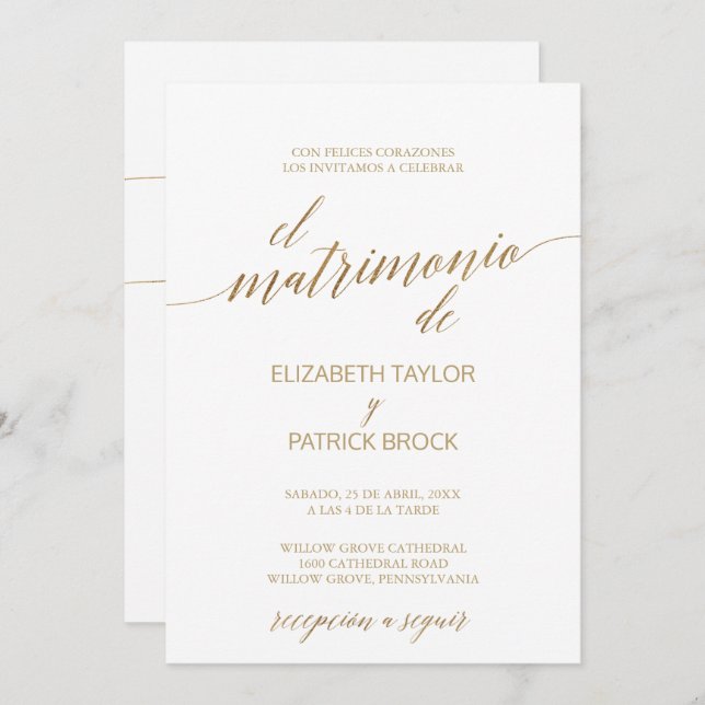 Elegant Gold Calligraphy | Spanish Details Wedding Invitation (Front/Back)