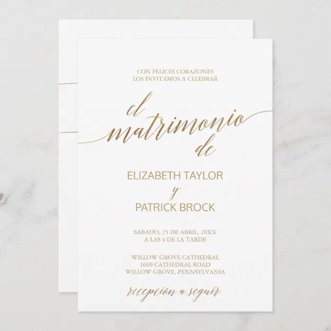 Elegant Gold Calligraphy | Spanish Details Wedding Invitation | Zazzle