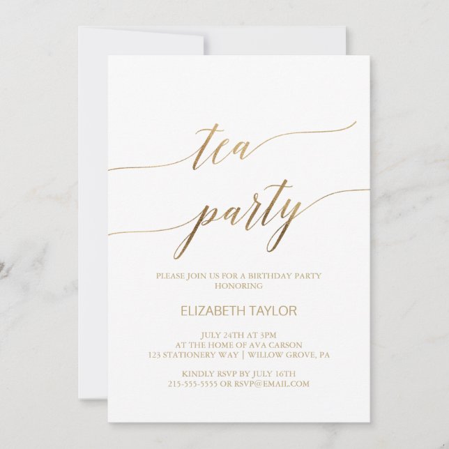 Elegant Gold Calligraphy Tea Party Birthday Invitation (Front)