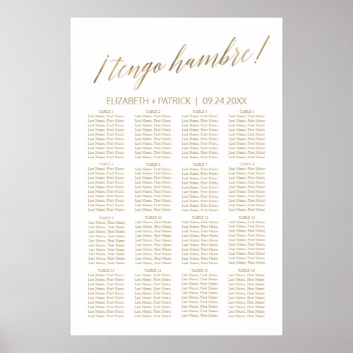 Elegant Gold Calligraphy Tengo Hambre Table Plan Poster