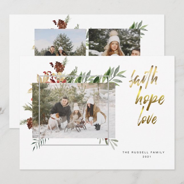 Elegant Gold Calligraphy Three Photo Christmas Holiday Card (Front/Back)